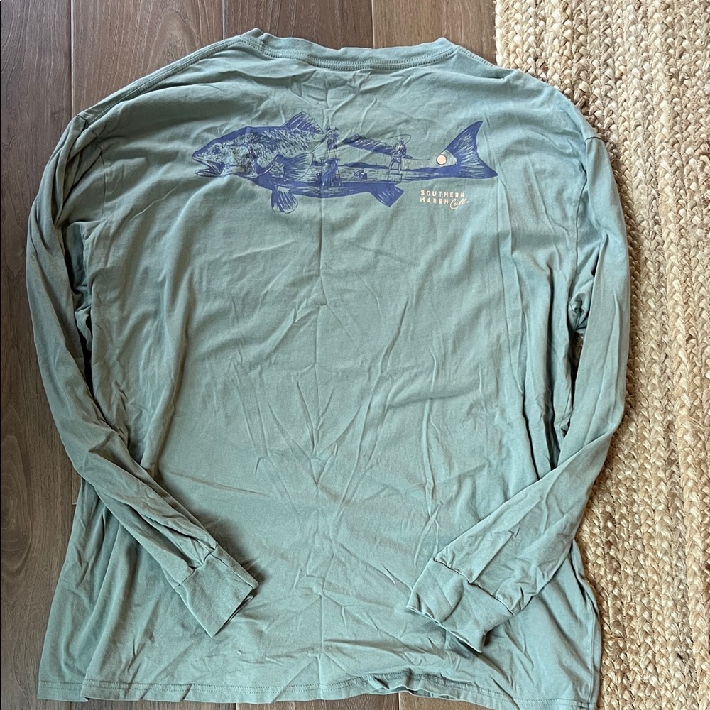 Southern Marsh Olive Long Sleeve Tee with Blue Fish Design